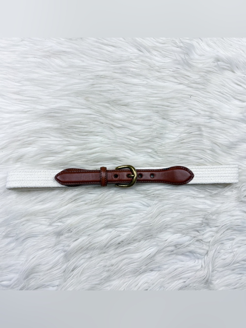 Lands End Vintage Surcingle Web Equestrian Leather Woven Knit Belt White Preppy